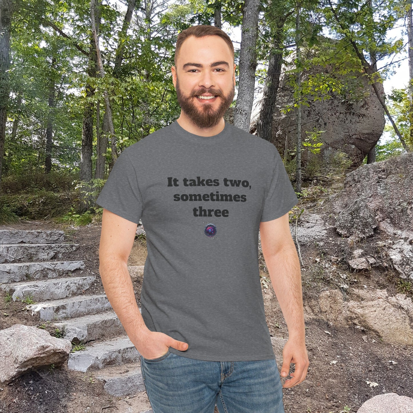 It takes two, sometimes three - Unisex Heavy Cotton Tee - Small Logo
