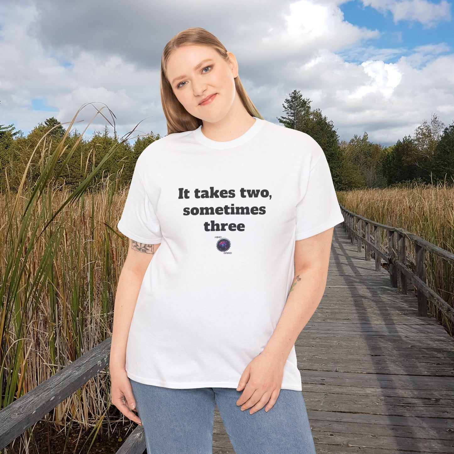 It takes two, sometimes three - Unisex Heavy Cotton Tee - Small Logo