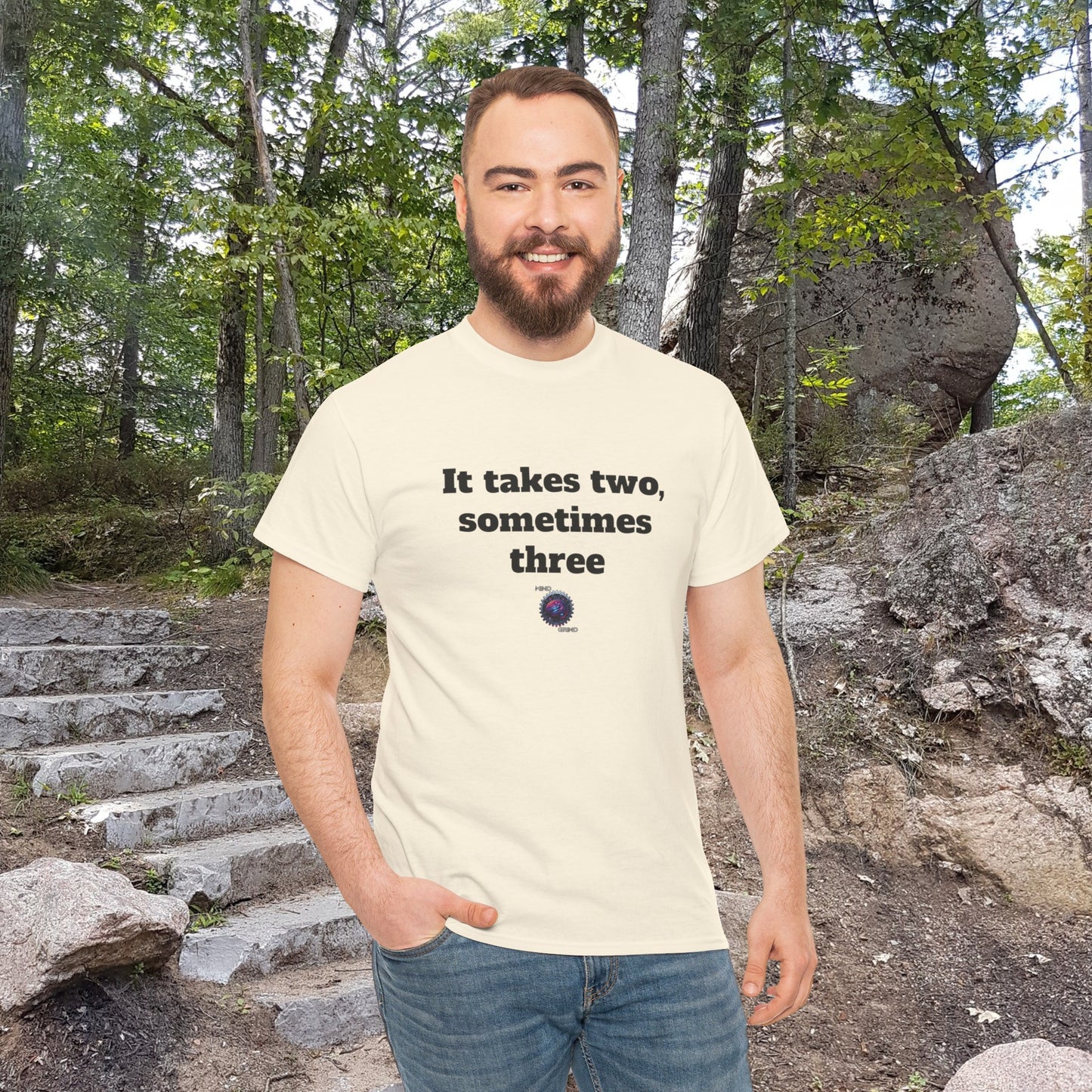 It takes two, sometimes three - Unisex Heavy Cotton Tee - Small Logo