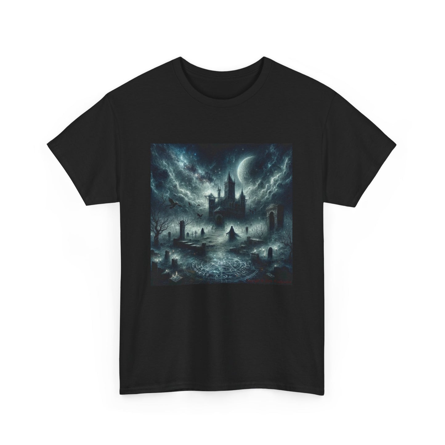 Horror Haunted Castle with Pentagram - Unisex Heavy Cotton Tee