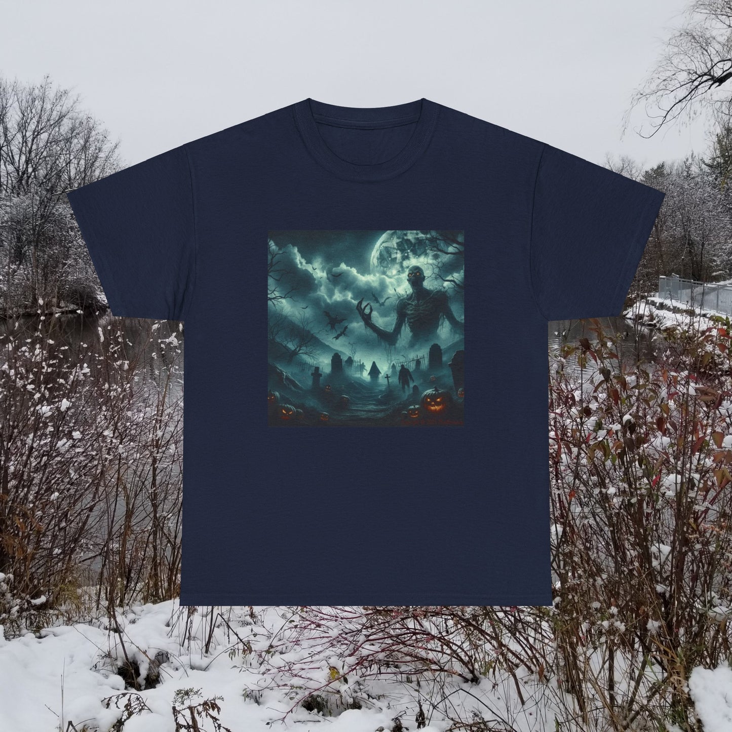 Horror Giant Skeleton and Moon - Unisex Heavy Cotton Tee