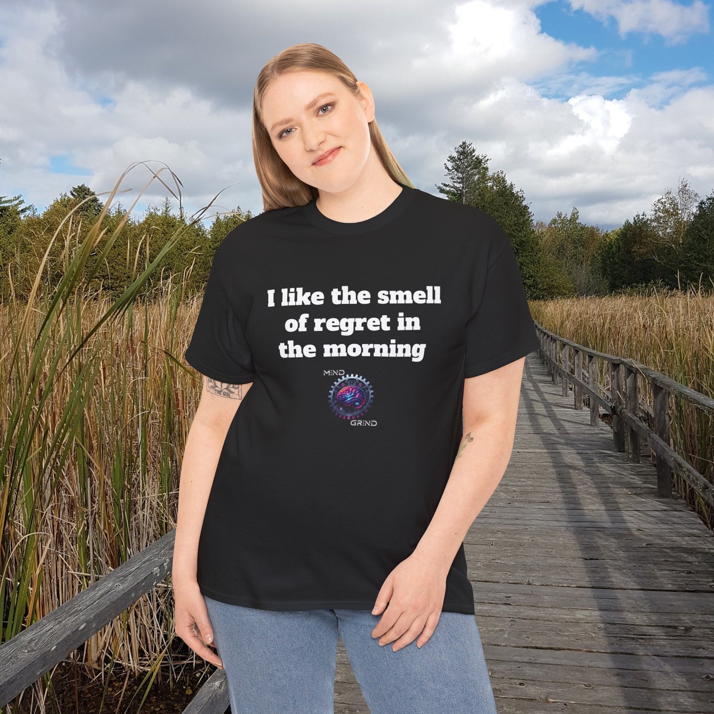 I like the smell of regret in the morning - Unisex Heavy Cotton Tee - Large Logo