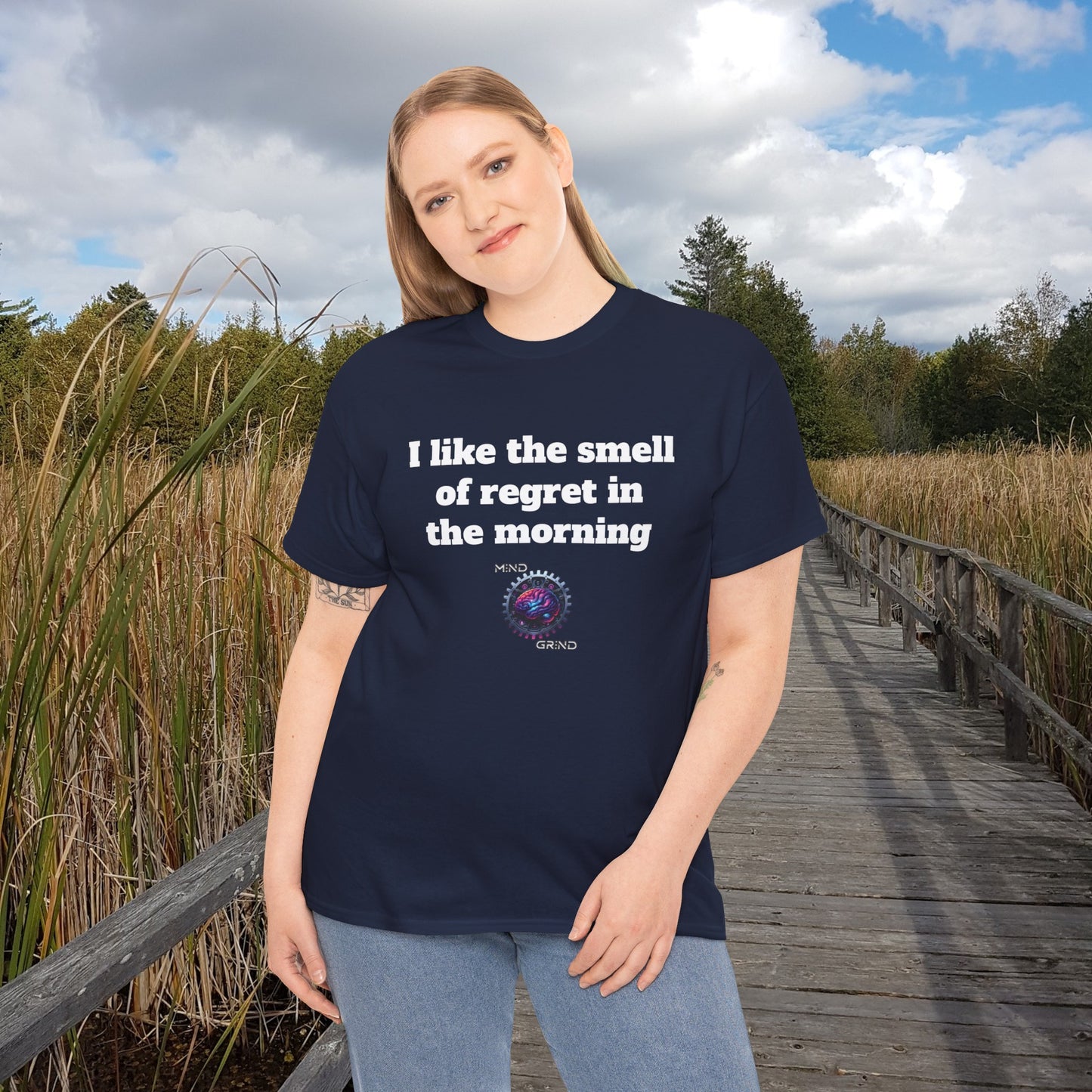 I like the smell of regret in the morning - Unisex Heavy Cotton Tee - Large Logo