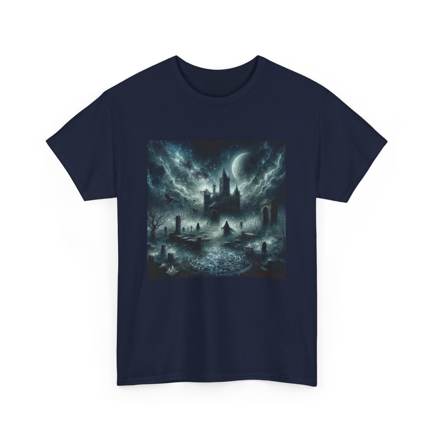 Horror Haunted Castle with Pentagram - Unisex Heavy Cotton Tee
