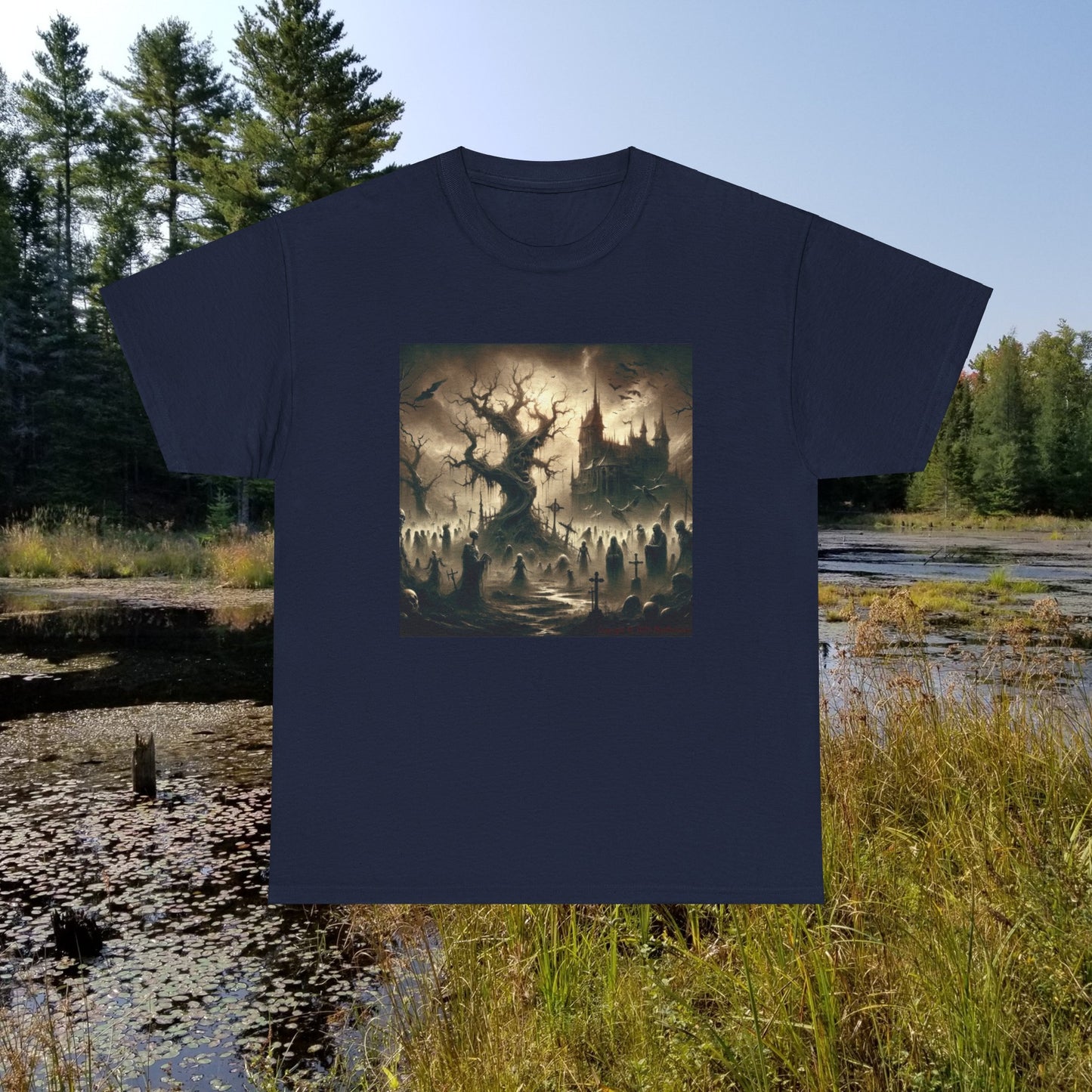 Horror Castle Black and White Twisted Tree - Unisex Heavy Cotton Tee