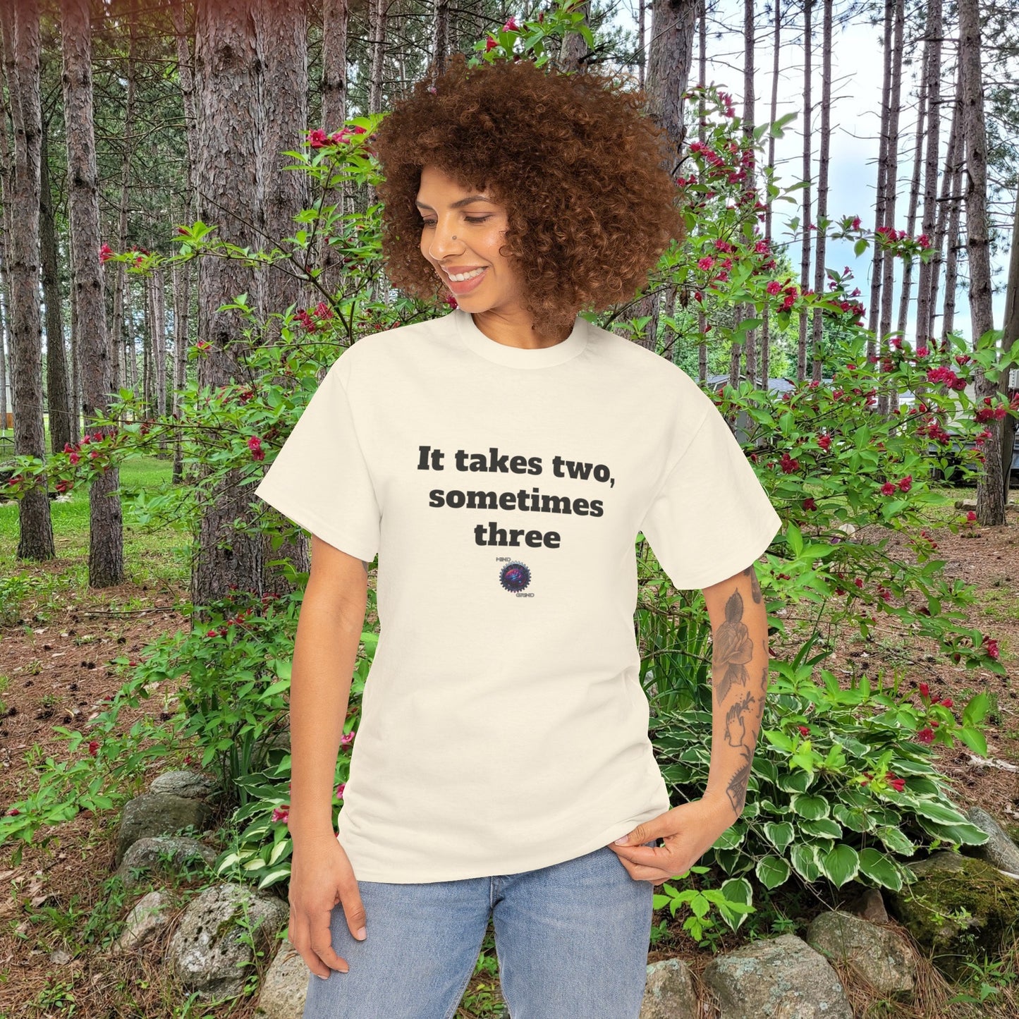 It takes two, sometimes three - Unisex Heavy Cotton Tee - Small Logo