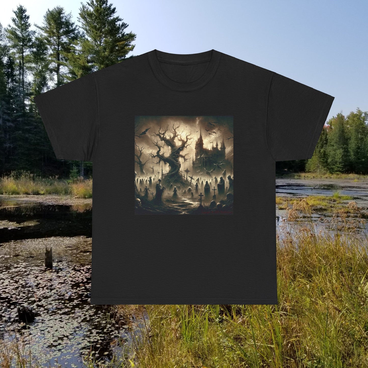 Horror Castle Black and White Twisted Tree - Unisex Heavy Cotton Tee