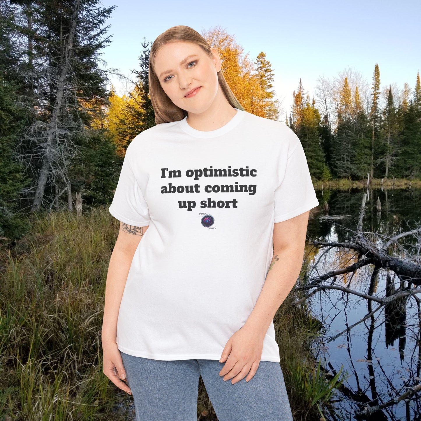 I'm optimistic about coming up short - Unisex Heavy Cotton Tee - Small Logo