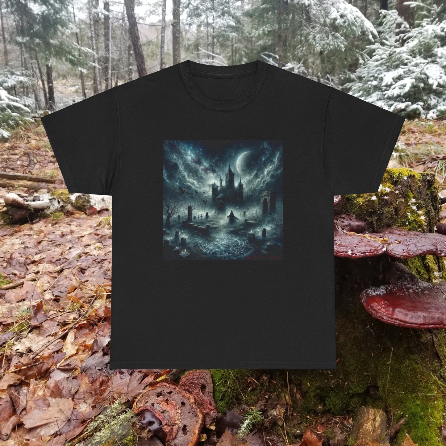 Horror Haunted Castle with Pentagram - Unisex Heavy Cotton Tee