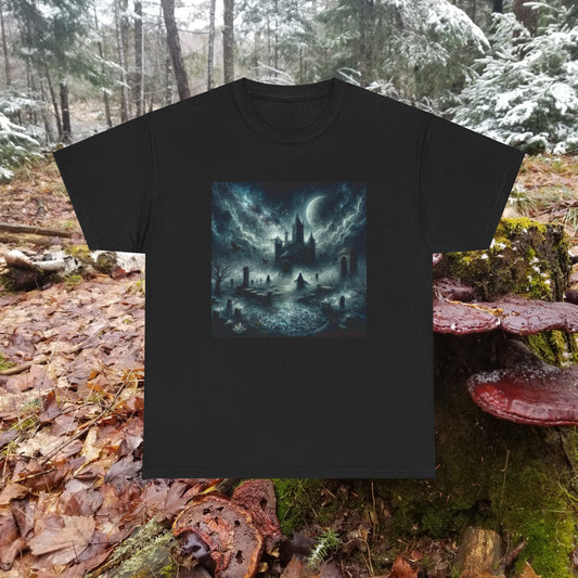 Horror Haunted Castle with Pentagram - Unisex Heavy Cotton Tee