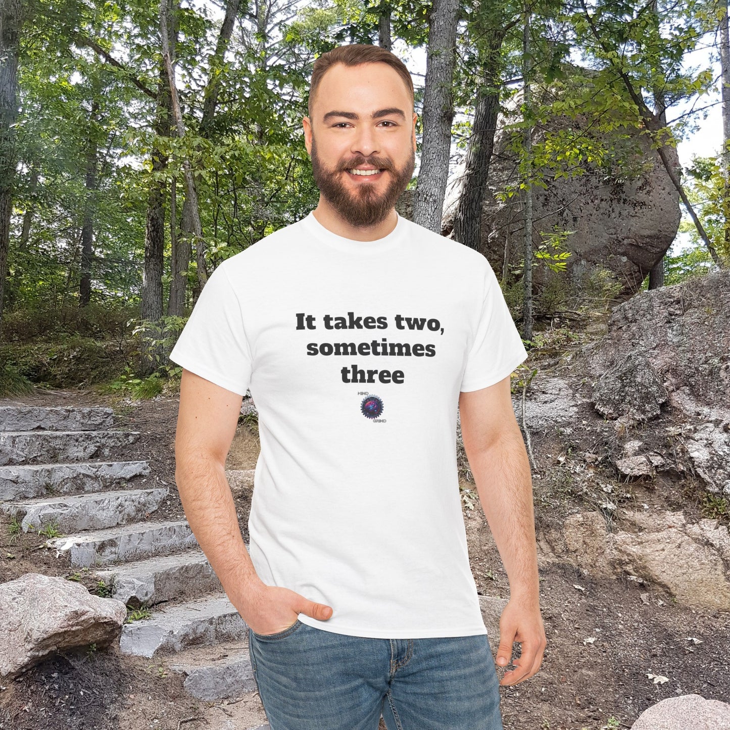 It takes two, sometimes three - Unisex Heavy Cotton Tee - Small Logo